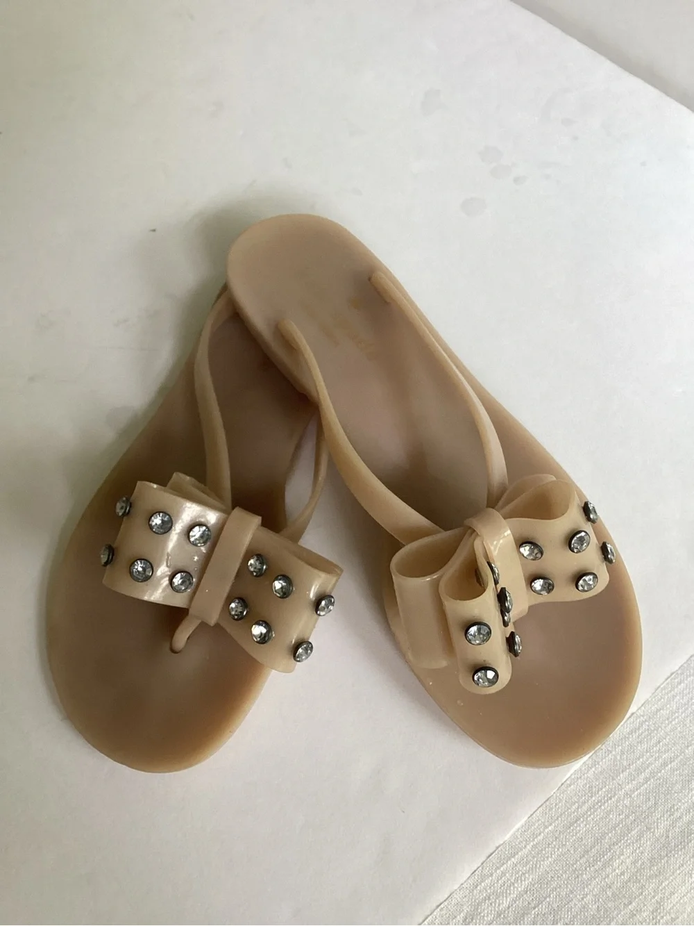 Kate Spade Jelly Bow Sandals Nude Rhinestone Studded Flip Flops Size 6